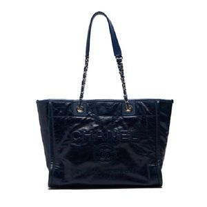 Chanel Deauville Double Chain Calf Navy Tote Bag